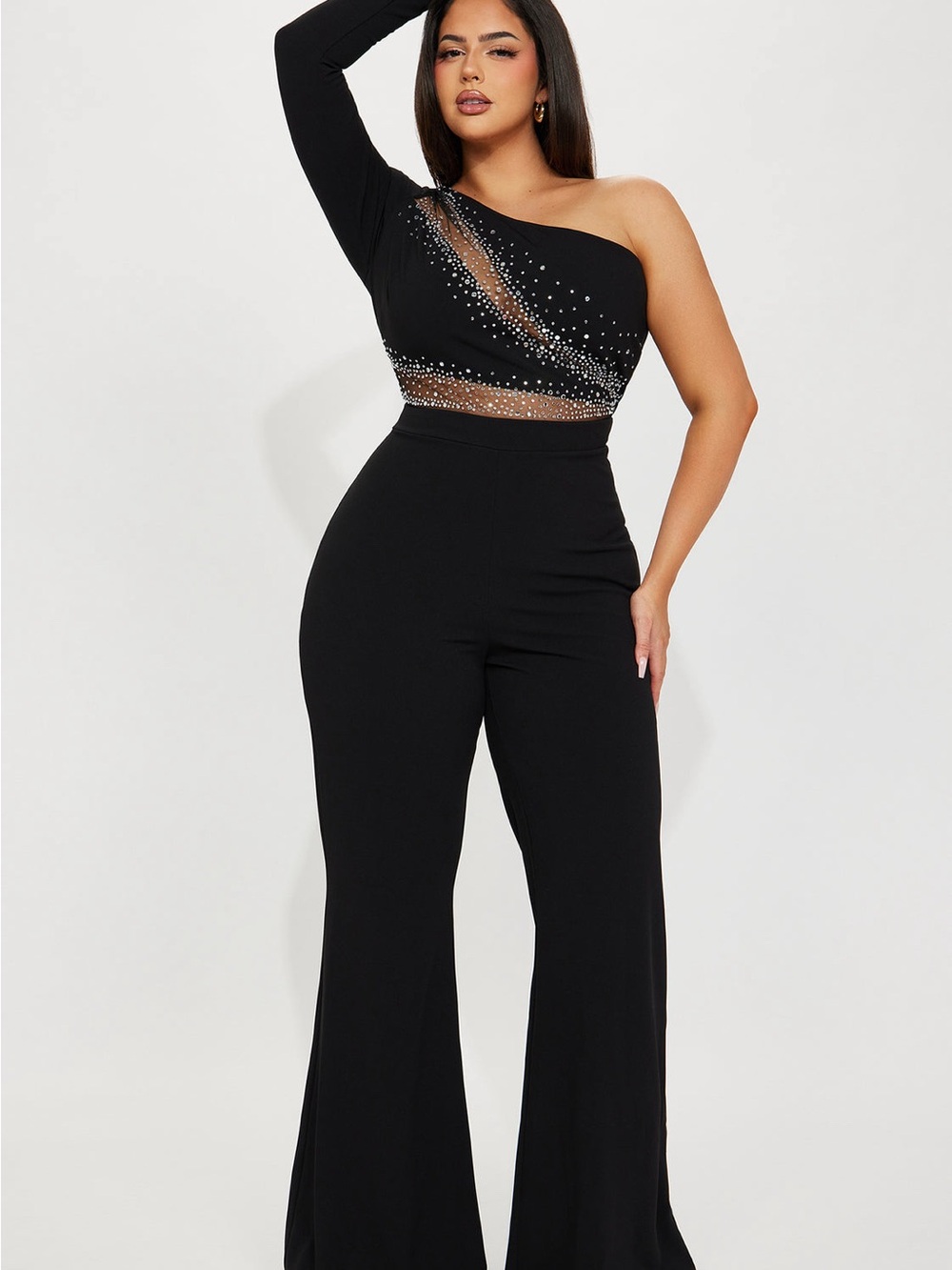 One-Shoulder Black Wide-Leg Jumpsuit with Embellished Bodice